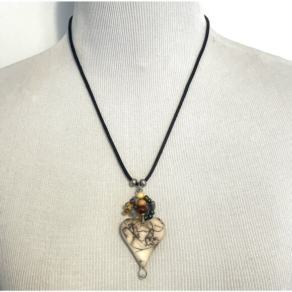 Vittage Jewelry - Heart & Beaded Pendant Necklace on Black Cord